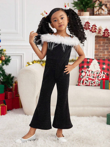 Mommy And Me Elegant Minimalist Faux Fur Trimmed Fitted Flare Jumpsuit ,Suitable For Christmas Party, Home & Outdoor Wear