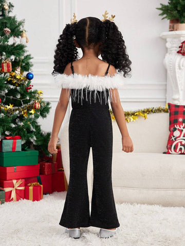 Mommy And Me Elegant Minimalist Faux Fur Trimmed Fitted Flare Jumpsuit ,Suitable For Christmas Party, Home & Outdoor Wear