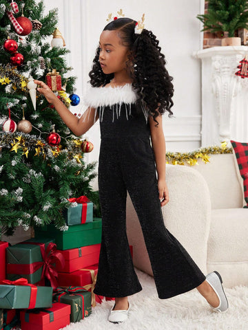 Mommy And Me Elegant Minimalist Faux Fur Trimmed Fitted Flare Jumpsuit ,Suitable For Christmas Party, Home & Outdoor Wear