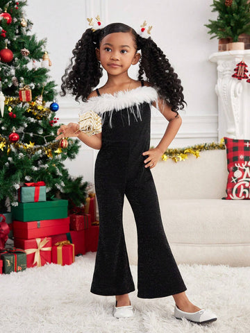 Mommy And Me Elegant Minimalist Faux Fur Trimmed Fitted Flare Jumpsuit ,Suitable For Christmas Party, Home & Outdoor Wear