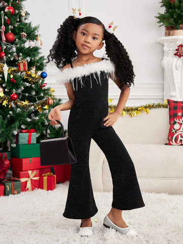 Mommy And Me Elegant Minimalist Faux Fur Trimmed Fitted Flare Jumpsuit ,Suitable For Christmas Party, Home & Outdoor Wear