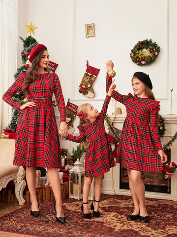 Mommy And Me Girls Autumn Plaid Knit Ruffled Sleeve Casual Dress Sets
