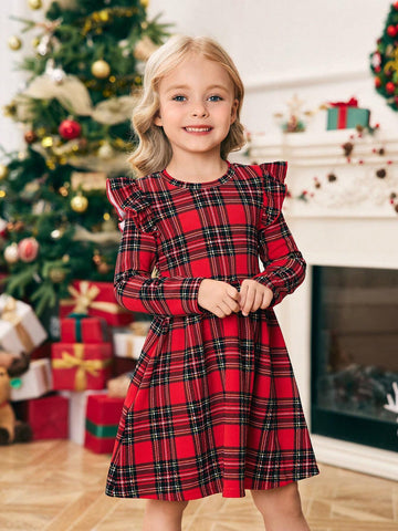 Mommy And Me Girls Autumn Plaid Knit Ruffled Sleeve Casual Dress Sets