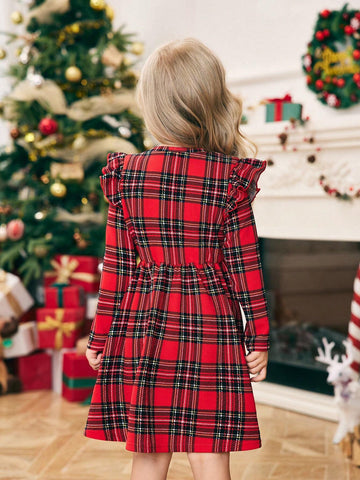 Mommy And Me Girls Autumn Plaid Knit Ruffled Sleeve Casual Dress Sets