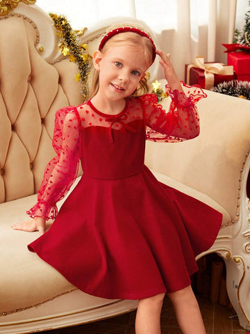 Mommy And Me Girl's & Young Girl's Patchwork Mesh Dress, Suitable For Formal Occasions, Autumn-Winter