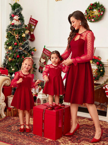 Mommy And Me Girl's & Young Girl's Patchwork Mesh Dress, Suitable For Formal Occasions, Autumn-Winter