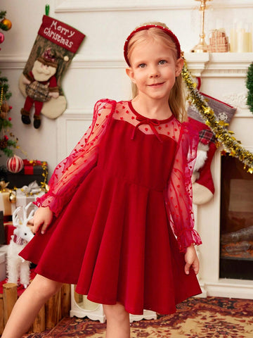 Mommy And Me Girl's & Young Girl's Patchwork Mesh Dress, Suitable For Formal Occasions, Autumn-Winter