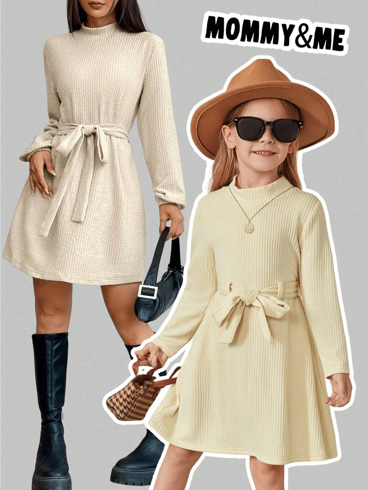 Mommy And Me Knit Textured Matching Dresses, Girls Casual Autumn Outfit