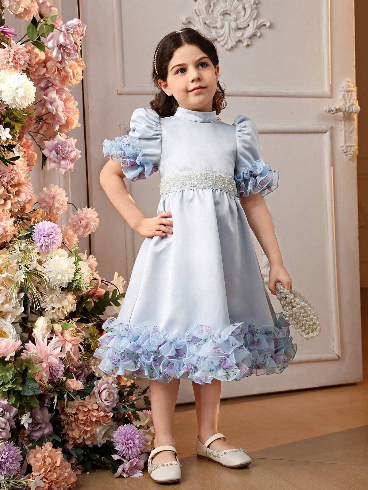 Mommy And Me Matching Outfits(2pieces Are Sold Separately) Young Girl Stand Collar Leg-Of-Mutton Sleeve 3d Ruffle Effect Mid-Length Satin Dress With Ditsy Floral Pattern