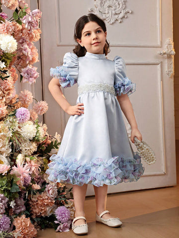 Mommy And Me Matching Outfits(2pieces Are Sold Separately) Young Girl Stand Collar Leg-Of-Mutton Sleeve 3d Ruffle Effect Mid-Length Satin Dress With Ditsy Floral Pattern