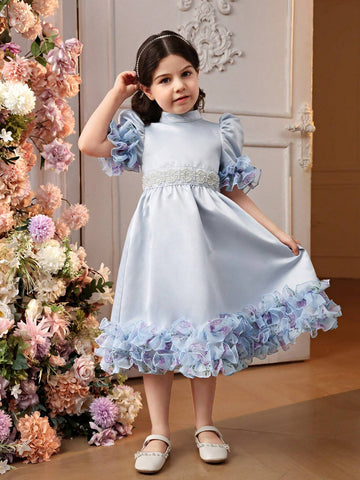 Mommy And Me Matching Outfits(2pieces Are Sold Separately) Young Girl Stand Collar Leg-Of-Mutton Sleeve 3d Ruffle Effect Mid-Length Satin Dress With Ditsy Floral Pattern