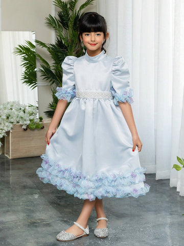 Mommy And Me Matching Outfits(2pieces Are Sold Separately) Young Girl Stand Collar Leg-Of-Mutton Sleeve 3d Ruffle Effect Mid-Length Satin Dress With Ditsy Floral Pattern