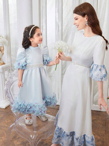 Mommy And Me Matching Outfits(2pieces Are Sold Separately) Young Girl Stand Collar Leg-Of-Mutton Sleeve 3d Ruffle Effect Mid-Length Satin Dress With Ditsy Floral Pattern