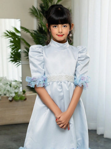 Mommy And Me Matching Outfits(2pieces Are Sold Separately) Young Girl Stand Collar Leg-Of-Mutton Sleeve 3d Ruffle Effect Mid-Length Satin Dress With Ditsy Floral Pattern
