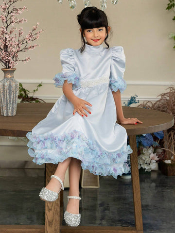 Mommy And Me Matching Outfits(2pieces Are Sold Separately) Young Girl Stand Collar Leg-Of-Mutton Sleeve 3d Ruffle Effect Mid-Length Satin Dress With Ditsy Floral Pattern