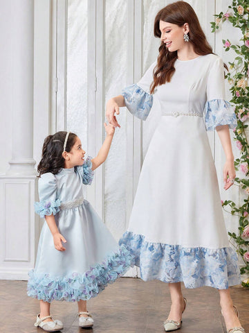 Mommy And Me Matching Outfits(2pieces Are Sold Separately) Young Girl Stand Collar Leg-Of-Mutton Sleeve 3d Ruffle Effect Mid-Length Satin Dress With Ditsy Floral Pattern