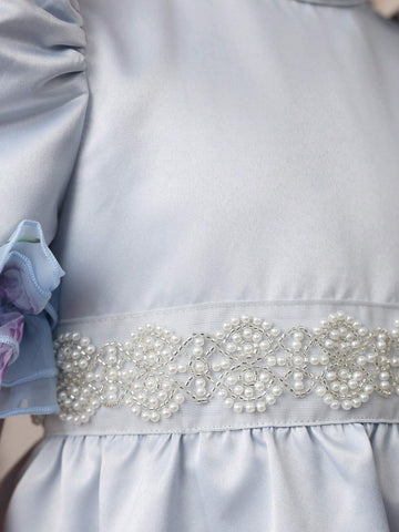 Mommy And Me Matching Outfits(2pieces Are Sold Separately) Young Girl Stand Collar Leg-Of-Mutton Sleeve 3d Ruffle Effect Mid-Length Satin Dress With Ditsy Floral Pattern