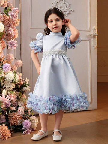 Mommy And Me Matching Outfits(2pieces Are Sold Separately) Young Girl Stand Collar Leg-Of-Mutton Sleeve 3d Ruffle Effect Mid-Length Satin Dress With Ditsy Floral Pattern