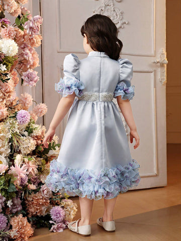Mommy And Me Matching Outfits(2pieces Are Sold Separately) Young Girl Stand Collar Leg-Of-Mutton Sleeve 3d Ruffle Effect Mid-Length Satin Dress With Ditsy Floral Pattern