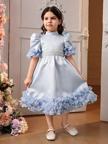 Mommy And Me Matching Outfits(2pieces Are Sold Separately) Young Girl Stand Collar Leg-Of-Mutton Sleeve 3d Ruffle Effect Mid-Length Satin Dress With Ditsy Floral Pattern