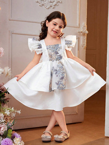 Mommy And Me Matching Outfits (2 Pieces Sold Separately) - Young Girl's Jacquard Satin Splicing Dress With Lotus Leaf Sleeves And Round Collar In Solid Color