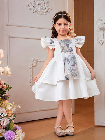 Mommy And Me Matching Outfits (2 Pieces Sold Separately) - Young Girl's Jacquard Satin Splicing Dress With Lotus Leaf Sleeves And Round Collar In Solid Color