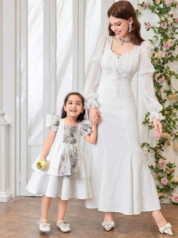 Mommy And Me Matching Outfits (2 Pieces Sold Separately) - Young Girl's Jacquard Satin Splicing Dress With Lotus Leaf Sleeves And Round Collar In Solid Color