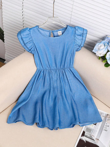 Mommy And Me Matching Outfits (2 Pieces Sold Separately), Young Girl Woven Denim-Look Solid Color Beach Vacation Skirt With Ruffle Trim, Breathable And Cool, Suitable For Summer, Daily Wear, And Mother-Daughter Outfits