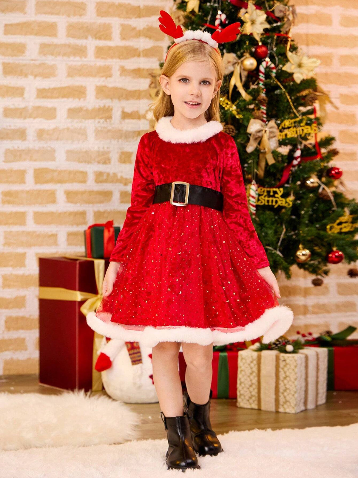 Mommy And Me Plush & Flocked Star, Moon & Polka Dot Patchwork Long Sleeve Dress, Fancy Christmas Party Dress For Little Girls, Winter New Arrival
