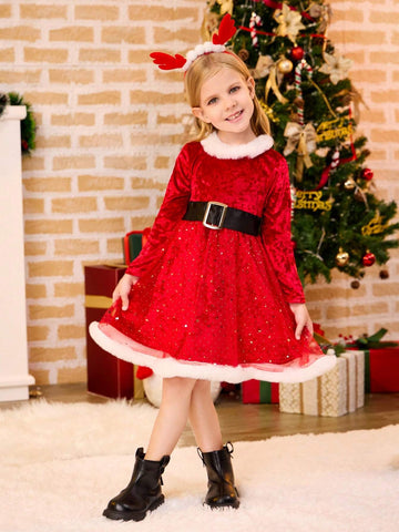 Mommy And Me Plush & Flocked Star, Moon & Polka Dot Patchwork Long Sleeve Dress, Fancy Christmas Party Dress For Little Girls, Winter New Arrival