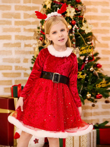 Mommy And Me Plush & Flocked Star, Moon & Polka Dot Patchwork Long Sleeve Dress, Fancy Christmas Party Dress For Little Girls, Winter New Arrival