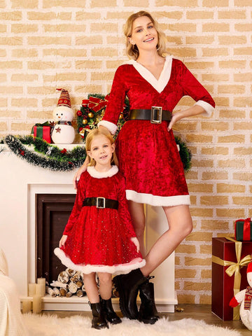 Mommy And Me Plush & Flocked Star, Moon & Polka Dot Patchwork Long Sleeve Dress, Fancy Christmas Party Dress For Little Girls, Winter New Arrival