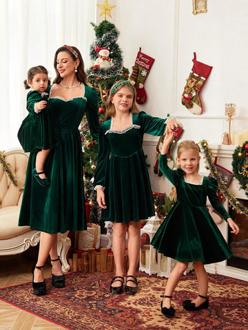 Mommy And Me Ruffled Gigot Sleeve Dress For Young Girl And Young Girl, Suitable For Casual Daily Wear Or Family Gatherings In Autumn And Winter