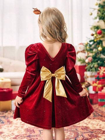 Mommy And Me Velvet Big Bow Tie Dress, Toddler Girls And Girls Autumn Winter Party Dress