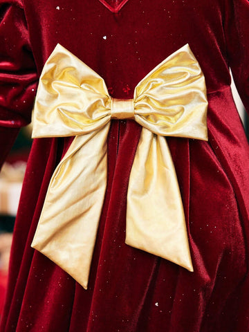 Mommy And Me Velvet Big Bow Tie Dress, Toddler Girls And Girls Autumn Winter Party Dress