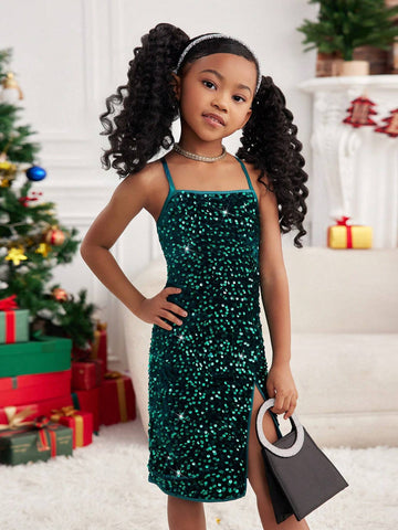 Mommy And Me Young Girl & Young Girl Elegant Sequin Velvet Spaghetti Strap Cross Slit Fitted Party Christmas Formal Dress