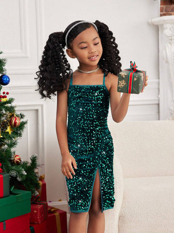 Mommy And Me Young Girl & Young Girl Elegant Sequin Velvet Spaghetti Strap Cross Slit Fitted Party Christmas Formal Dress