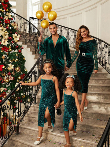 Mommy And Me Young Girl & Young Girl Elegant Sequin Velvet Spaghetti Strap Cross Slit Fitted Party Christmas Formal Dress