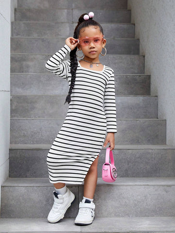 Mommy And Me Young Girl's And Young Girl Knit Striped Mock Neck Dress For Casual Daily Wear, Autumn/Winter