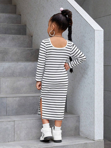 Mommy And Me Young Girl's And Young Girl Knit Striped Mock Neck Dress For Casual Daily Wear, Autumn/Winter