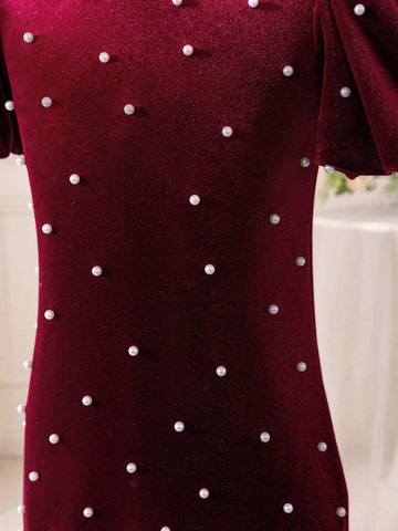 Mommy And Me Young Girl's And Young Girl's Fashion Elegant High-End Ruffle Sleeve Beaded Cinched Waist Simple Burgundy Velvet Dress