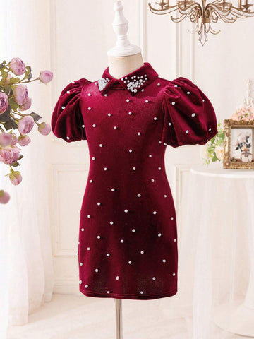 Mommy And Me Young Girl's And Young Girl's Fashion Elegant High-End Ruffle Sleeve Beaded Cinched Waist Simple Burgundy Velvet Dress