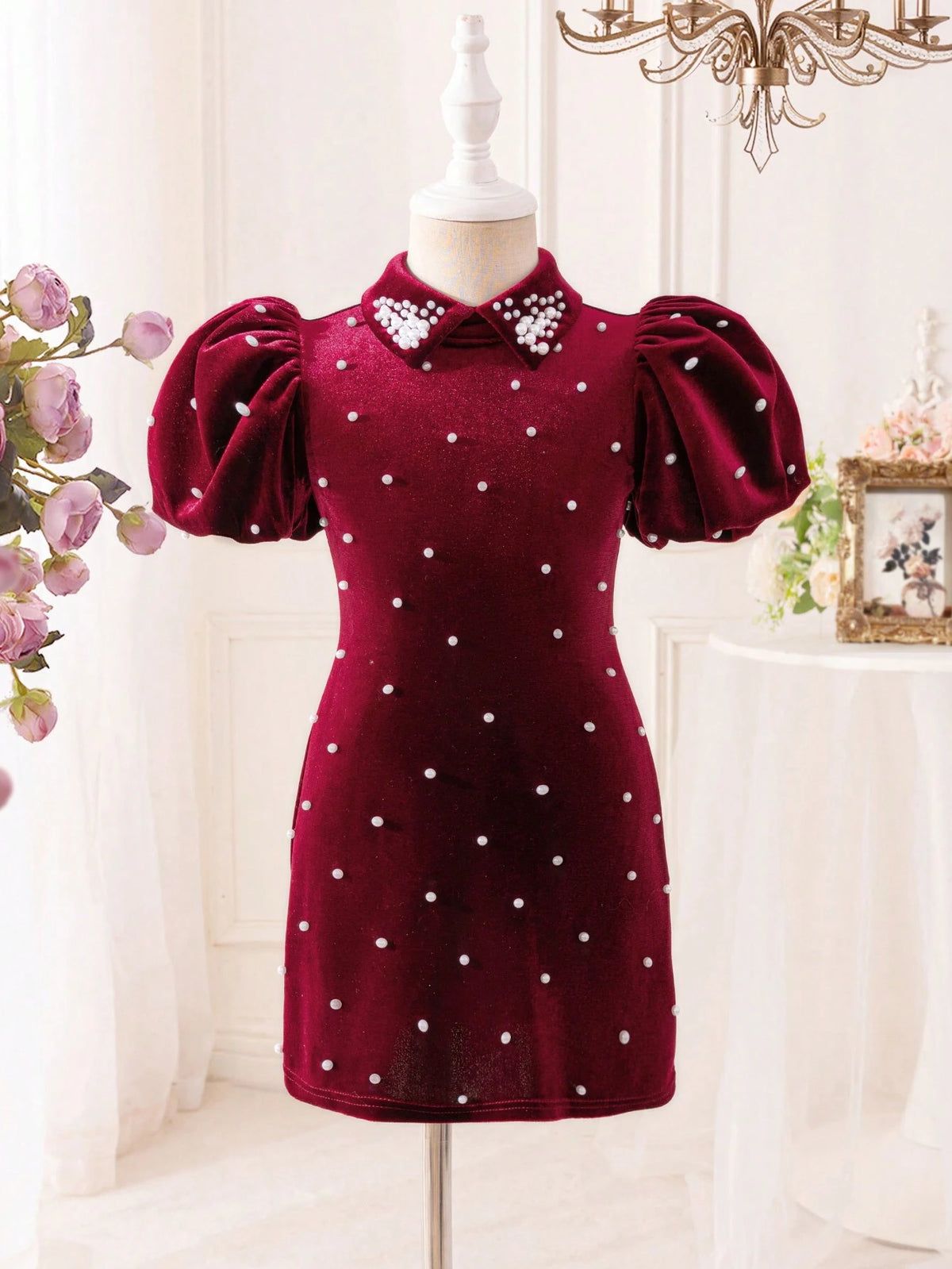 Mommy And Me Young Girl's And Young Girl's Fashion Elegant High-End Ruffle Sleeve Beaded Cinched Waist Simple Burgundy Velvet Dress