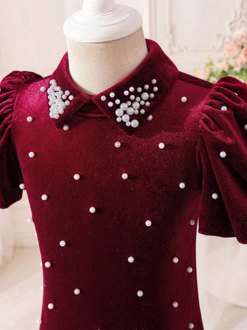 Mommy And Me Young Girl's And Young Girl's Fashion Elegant High-End Ruffle Sleeve Beaded Cinched Waist Simple Burgundy Velvet Dress