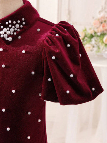 Mommy And Me Young Girl's And Young Girl's Fashion Elegant High-End Ruffle Sleeve Beaded Cinched Waist Simple Burgundy Velvet Dress