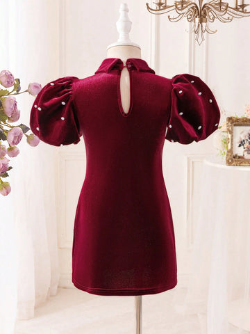 Mommy And Me Young Girl's And Young Girl's Fashion Elegant High-End Ruffle Sleeve Beaded Cinched Waist Simple Burgundy Velvet Dress