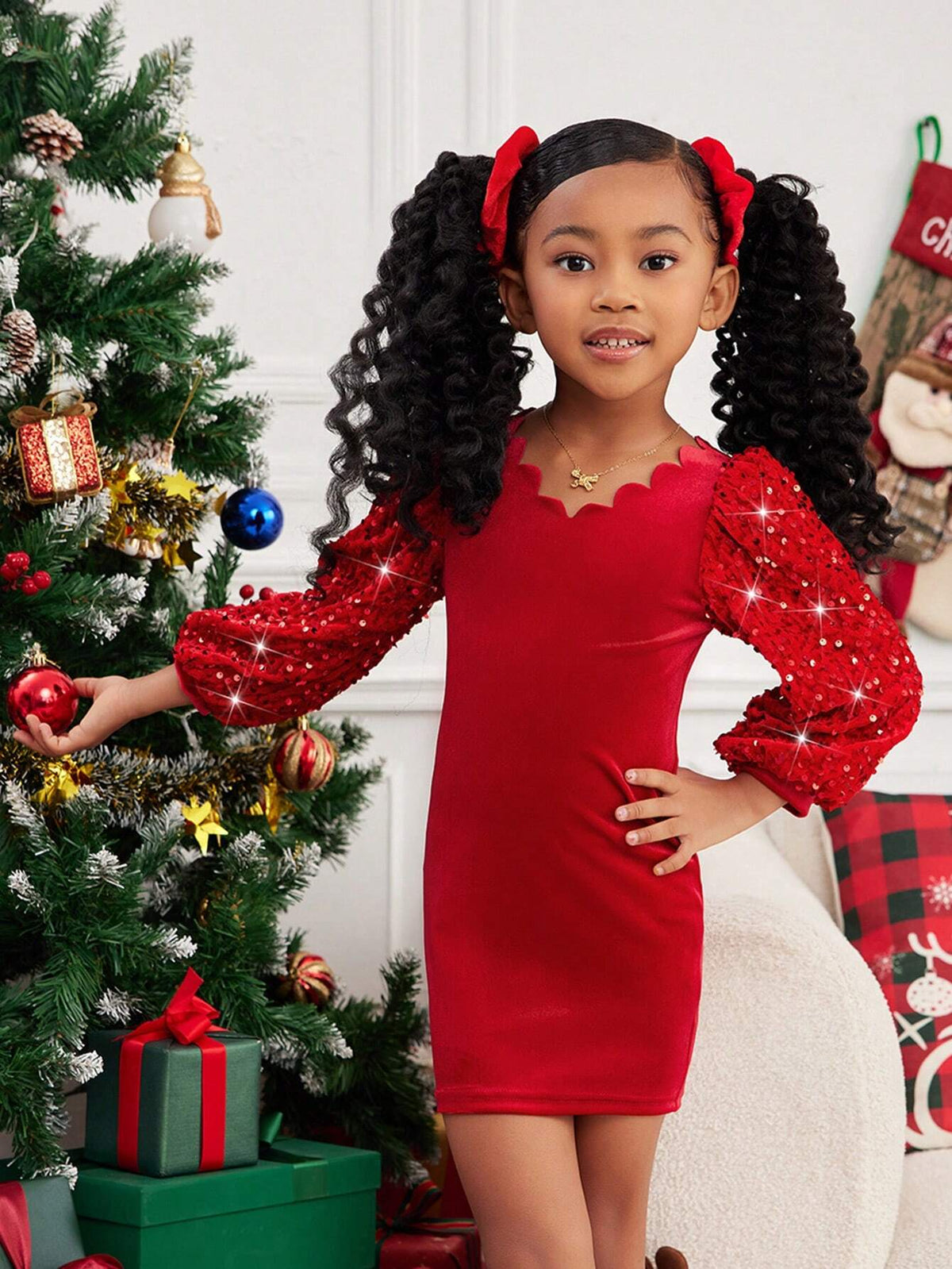 Mommy And Me Young Girl's And Young Girl's Luxury Elegant Pearl And Sequin Patchwork Red Ruffle Collar Puff Sleeve Princess Party Velvet Dress, Suitable For Christmas