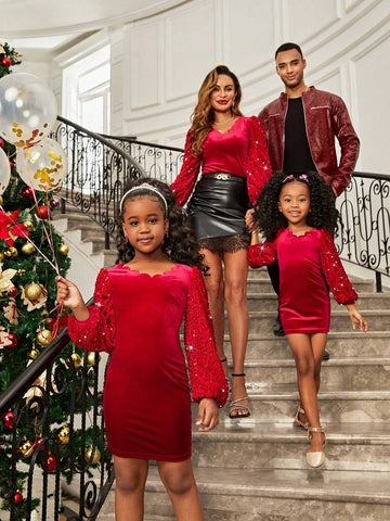 Mommy And Me Young Girl's And Young Girl's Luxury Elegant Pearl And Sequin Patchwork Red Ruffle Collar Puff Sleeve Princess Party Velvet Dress, Suitable For Christmas
