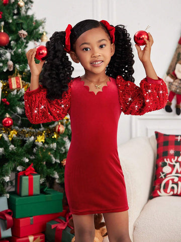 Mommy And Me Young Girl's And Young Girl's Luxury Elegant Pearl And Sequin Patchwork Red Ruffle Collar Puff Sleeve Princess Party Velvet Dress, Suitable For Christmas