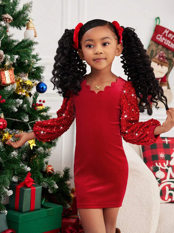 Mommy And Me Young Girl's And Young Girl's Luxury Elegant Pearl And Sequin Patchwork Red Ruffle Collar Puff Sleeve Princess Party Velvet Dress, Suitable For Christmas